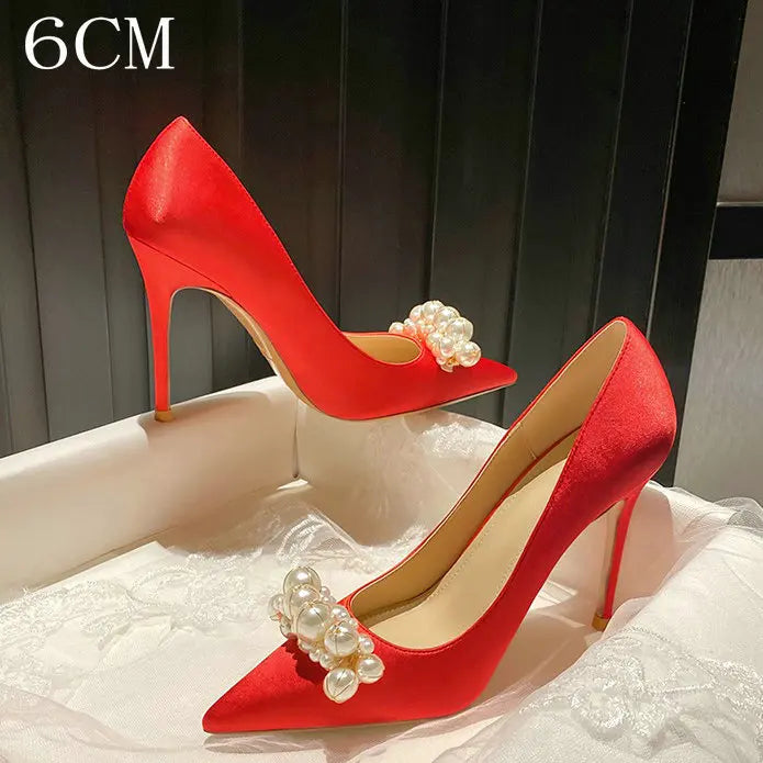 Soufree  - New Satin Wedding Bridesmaid Shoes Champagne High Heels Pearl French Girl Dress Pumps