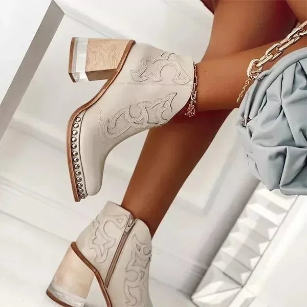 Soufree  -  Female Ankle Boots  Leather Women's Shoes Low Heel Cool British Embroidered Design Soft Short Boots Party Ladies Footwear PU