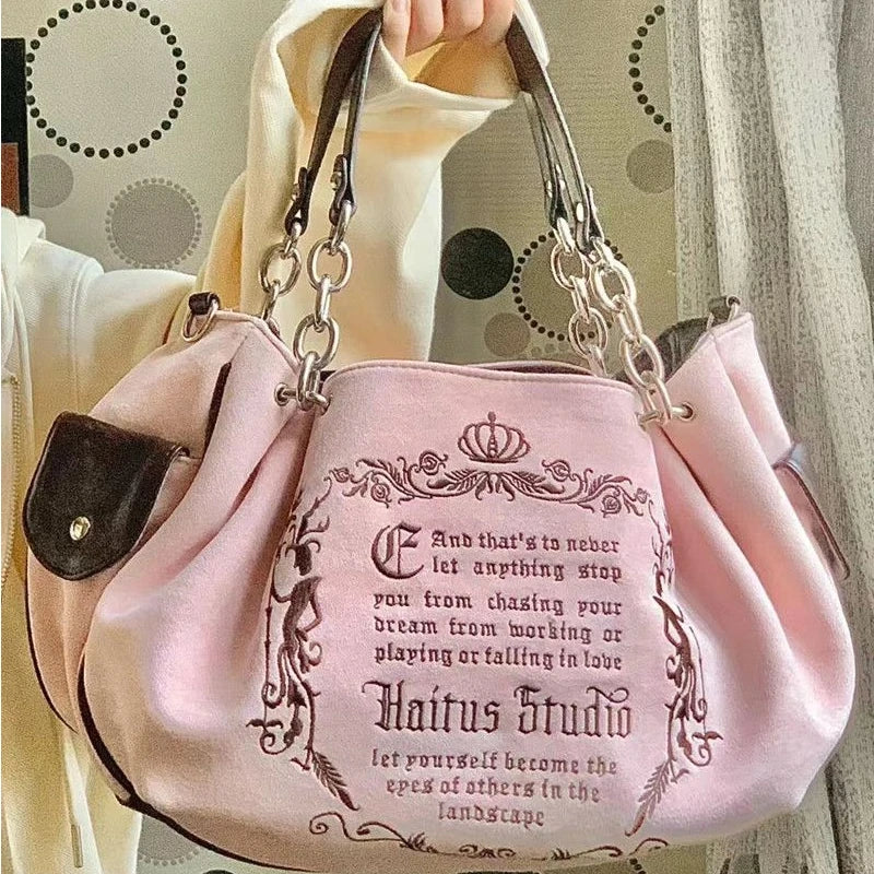 Soufree  Y2K Pink Vintage Gothic Women Tote Bag Aesthetic Large Capacity Embroidery Letters Retro Shopping Travel Chain Shoulder Bag