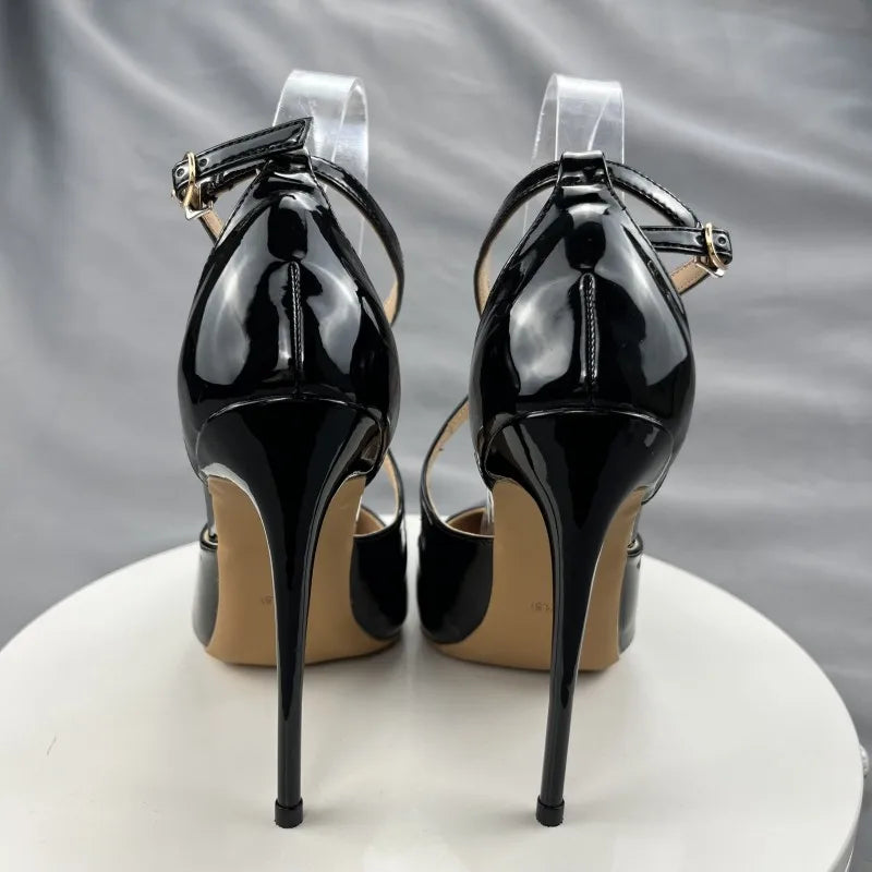 Soufree  -  Glossy Black Cross Strap Women Pointy Toe High Heel Shoes Front V Cut Stiletto Pumps for Party Colors Customize