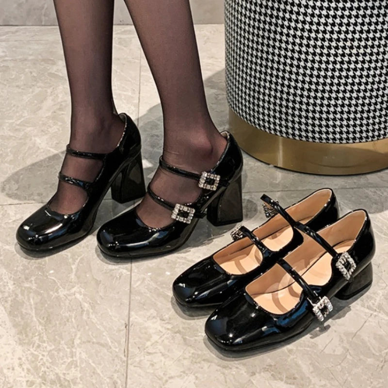 Soufree  -  High Heeled Mary Jane Shoes Round Head Chunky Heel Sandals Women Patent Leather Rhinestone Belt Buckle Platform Mary Janes Pumps