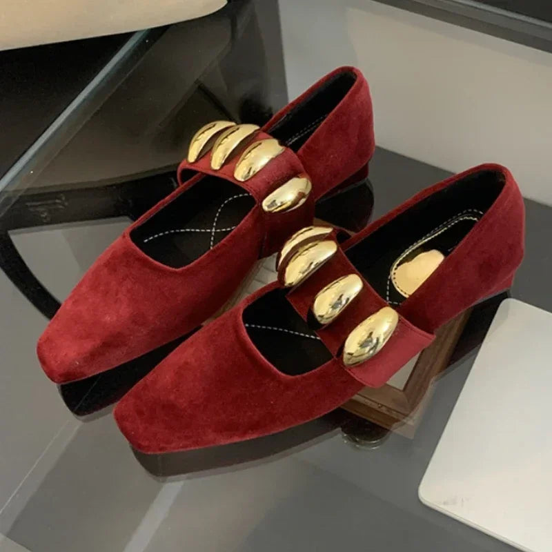 Soufree  -  prom shoes Suede Metal Buckle Square Toe Mary Jane Women Spring Autumn Fashion Flat Loafers Female Casual Comfort Retro Muller Pumps Women