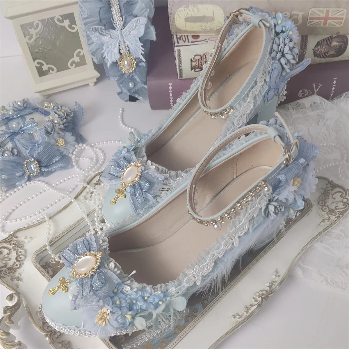 Soufree  -  Sweet Lolita Retro Court Style Cosplay Cute Loli Flower Wedding Girls Gem Flower Ribbon Plush Bow 6-8 Cm High Heel Shoes