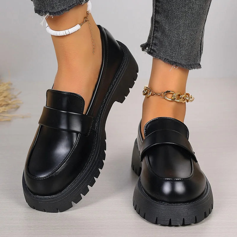 Soufree  -  British Style Platform Loafers Women Plus Size Round Toe Single Shoes Woman Thick Bottom Pu Leather Shoes Mujer