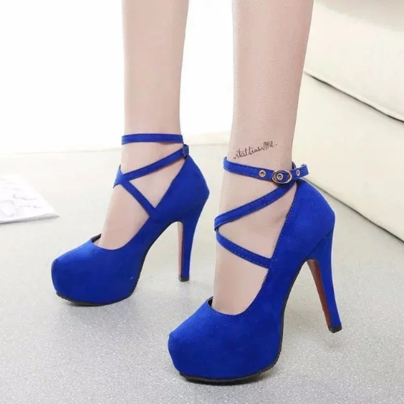 Soufree  -  12CM High Heels Women New Round Toe Platform Women's Pumps Buckle Strap Sexy Stiletto High Women Shoes Zapatos De Mujer