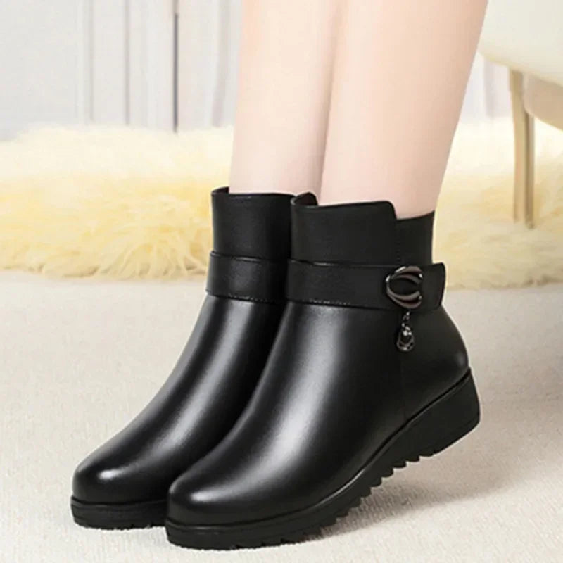 Soufree  -  unique shoes Mum Warm Cotton Shoes Women Winter Fleece Side Zip Thick Bottom Short Boots Leisure Round Head Flats Bota Inverno Feminina