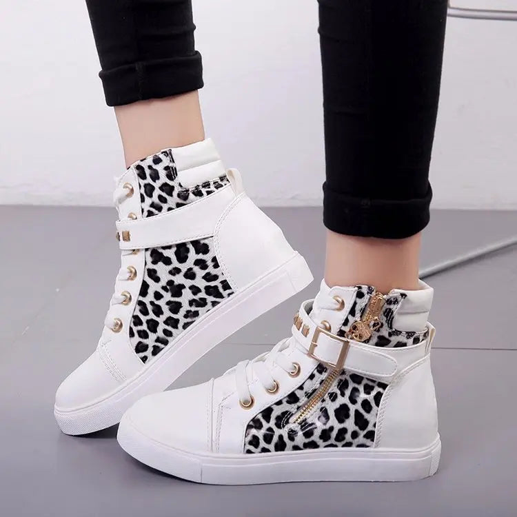 Soufree  -  Canvas Sneakers for Women with Zipper Rivets Leopard Print High Top Casual Sports Shoes Walking Martin Boots Zapatos De Mujer