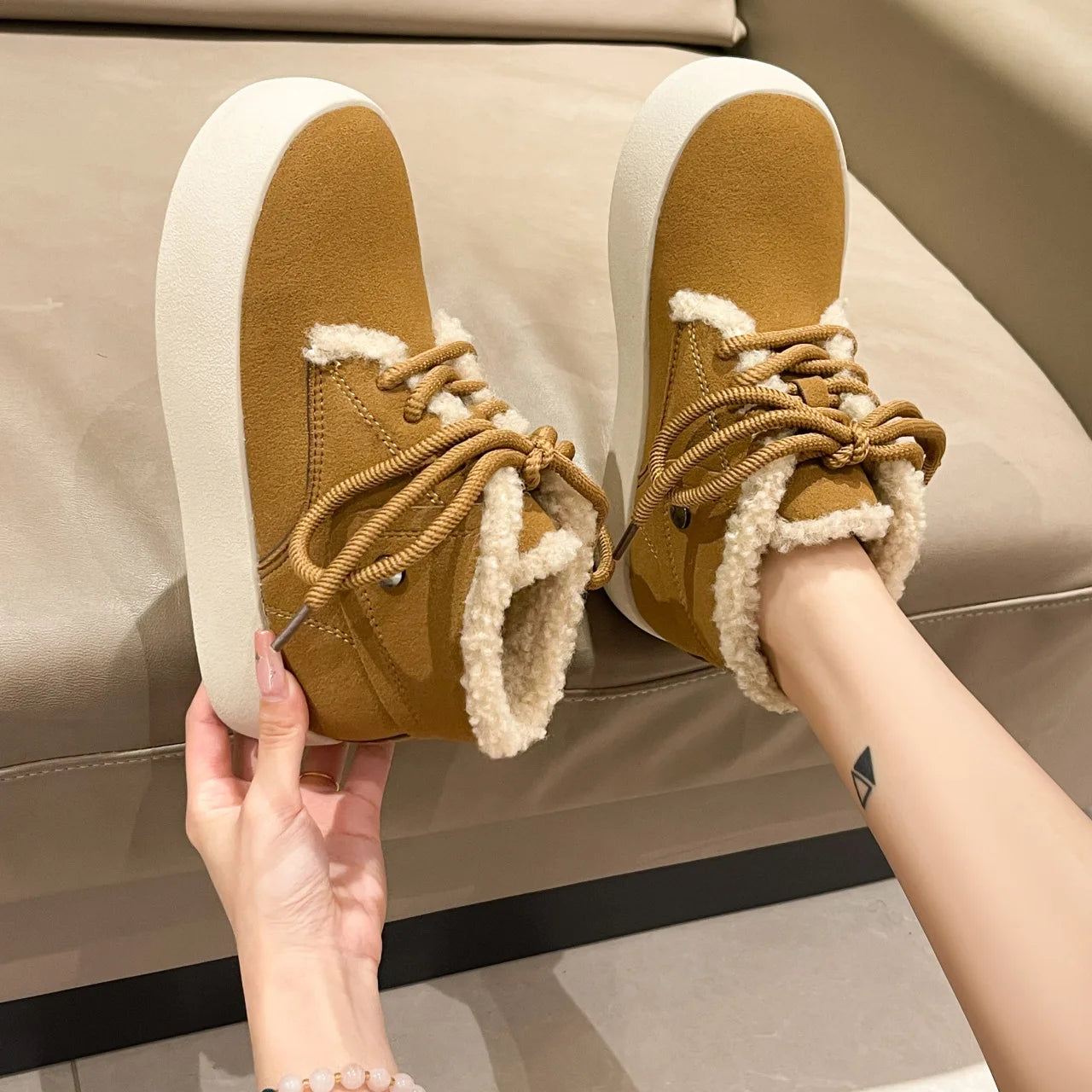 Soufree  -  Platform Snow Boots for Women Winter Casual Cotton Shoes Lace Up Suede Flat Bottom Sneakers Short Plush Ladies Shoes Short Botas