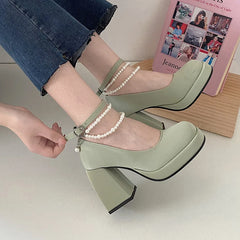 Soufree  - Vintage High Heels Mary Jane Shoes for Women Patent Leather Platform Pumps Woman Pearls Chain Thick-Heeled Shoes Female