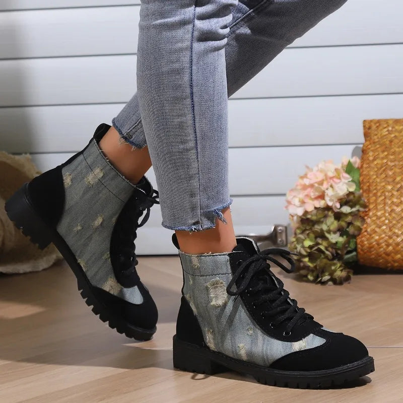 Soufree  -  Women'S Boots Fashion Retro Denim Patchwork Lace Up Flat Bottomed Short Boots Vintage Zapatos Mujer Flat Shoes Ankle Boots