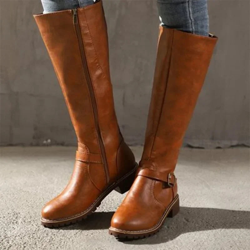 Soufree  -  Women Leather Knee High Boots Women's Buckle Long Knight Boots Female Combat Boots Women Low Heels Shoes Plus Size 43