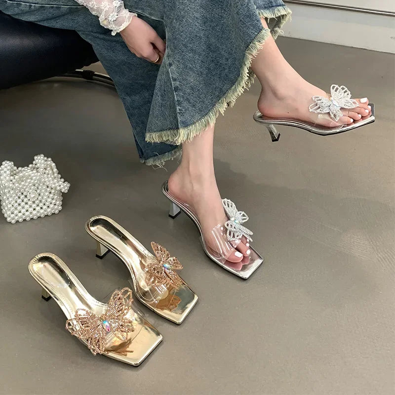 Soufree  -  Pvc Transparent Diamond Butterfly Sandals Women Square Toe Designer Slingback Shoes Open Toe Elegant Shiny Heeled Slippers Women