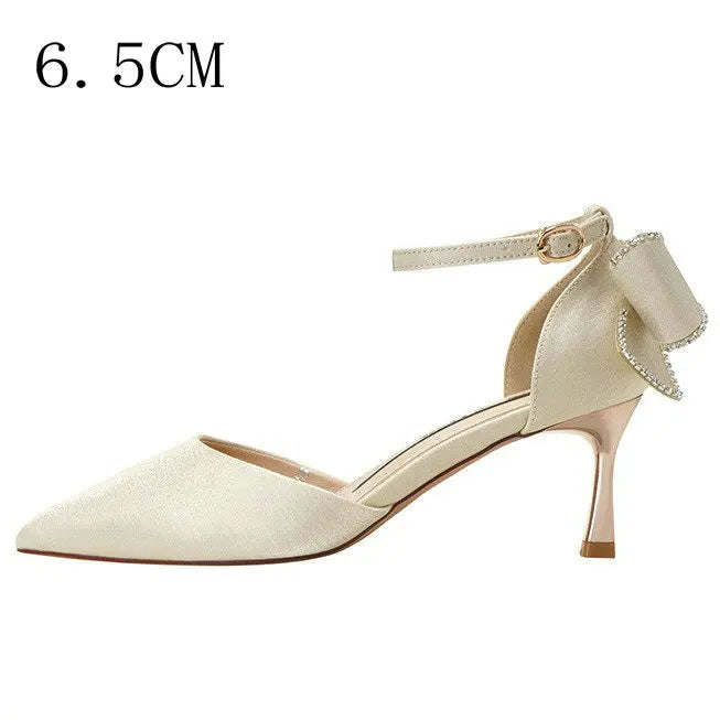 Soufree  - Star style Women Satin Pumps Fashion Rhinestones Stiletto High heels Party Shoes Summer Butterfly-knot Wedding Shoes