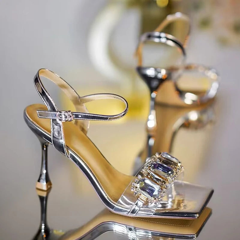 Soufree  -  Gold Silver High Heels Sandals Women Summer Square Toe Shiny Crystal Sandals Woman Ankle Straps Thin Heel Party Pumps Shoes