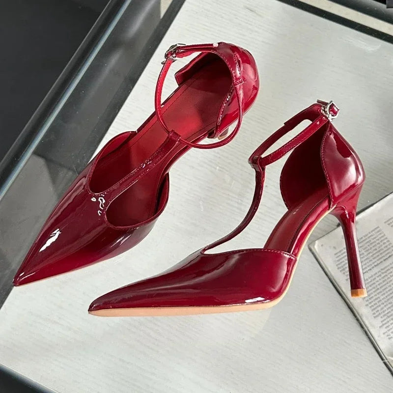 Soufree  -  Sexy Red High Heels Women Pointed Toe Party Dress Shoes T-Strap Patent Leather Elegant Slingback Thin Heels Female Sandals Women