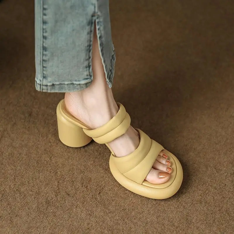 Soufree  -  Shoes Slippers Heels Low Luxury Slides Slipers Women Square heel Platform High Designer  Block Pumps Rubber Round Toe Rome F