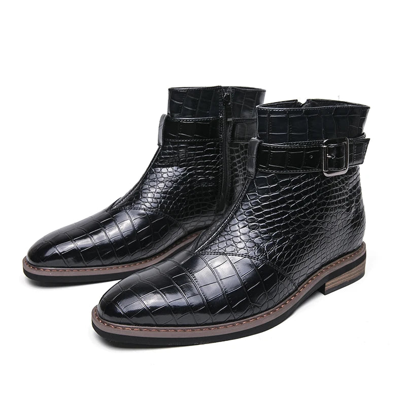 Soufree  - Luxury Dress Leather Men Boots Crocodile Pattern Pointed Toes Casual Leather Boots Men Fashion High Top Boots Party Mes Shoes