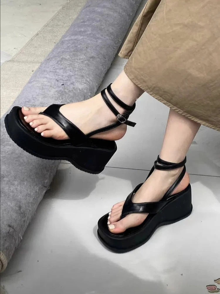 Soufree  -  Black Sexy Platform Elevation Fashion Sandal Women Summer Outside Wear Lace Sandal Female Korea Style Lace-up Fairy Sandals