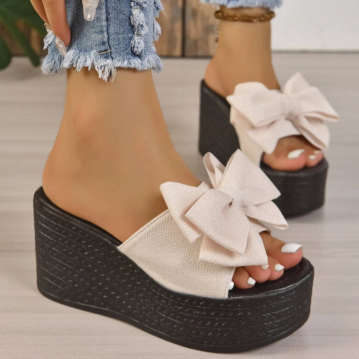 Soufree  -  Female Shoes Butterfly-Knot Ladies' Slippers Big Size On A Wedge Low Beige Heeled Sandals  Black Cotton Fabric Butterfly-kno