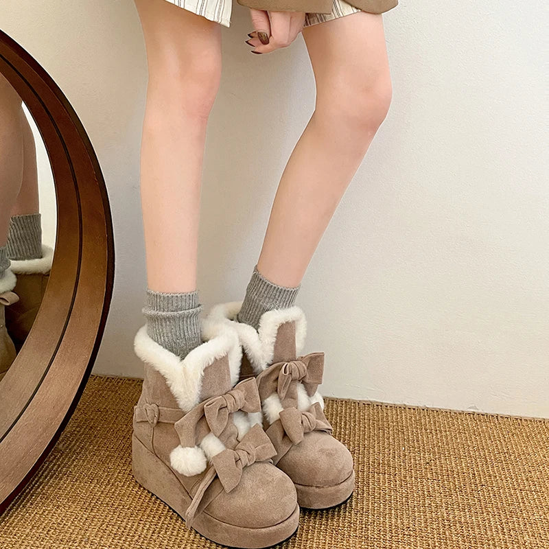 Soufree  -  Winter Lolita Style Warm Plush Women Snow Boots Fashion Platform Thick Heel Short Booties Casual Comfort Cotton Shoes