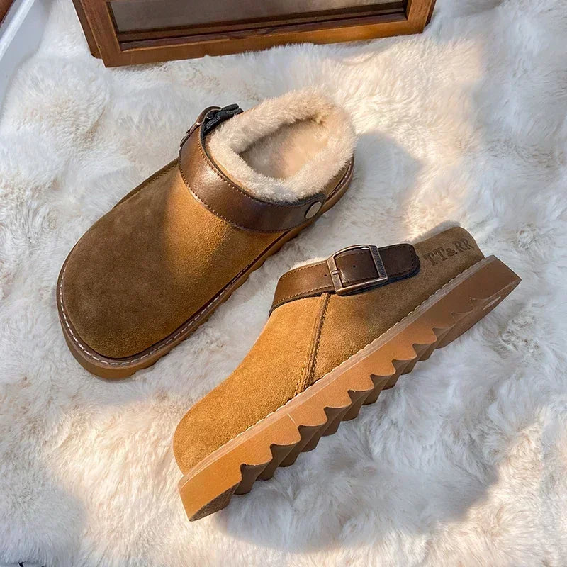 Soufree  -  trending shoes Women Slippers Fur Flats Short Plush Mules Shoes New Women Platform Cotton Shoes Suede Home Flip Flops Warm Shoes