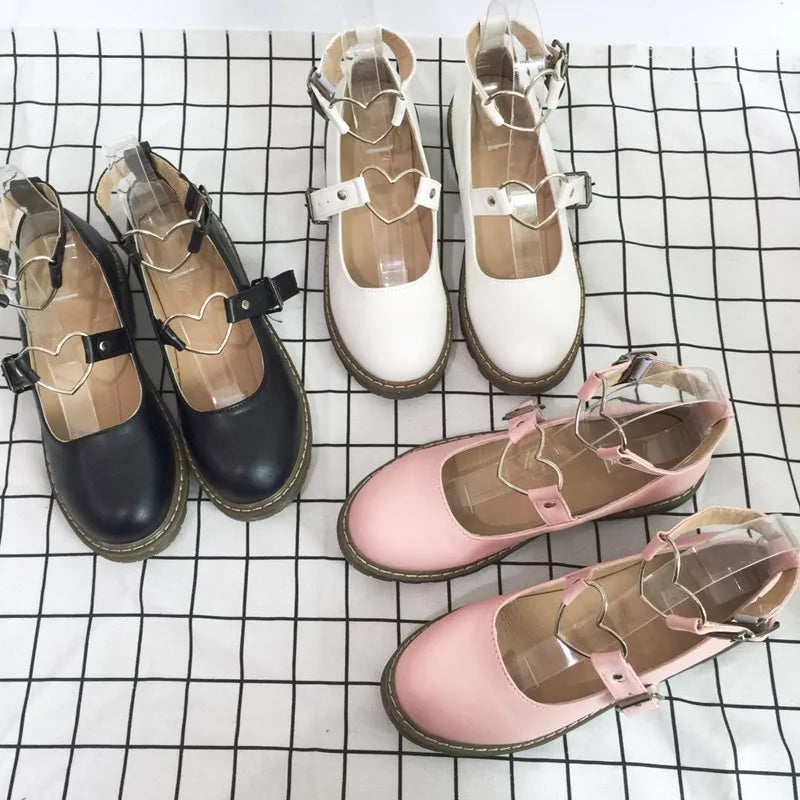 Soufree  -  Vintage Sweet Lolita Shoes Round PU Leather Shoes Korean Harajuku Style Japanese Lolita Student Flat Metal Heart Shape Shoes