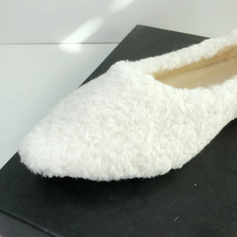 Soufree  -  Furry Shoes for Women Winter Warm Flat Heel Shoes White Black Loafers Pure Color Simple Concise Style All Match High Quality 44