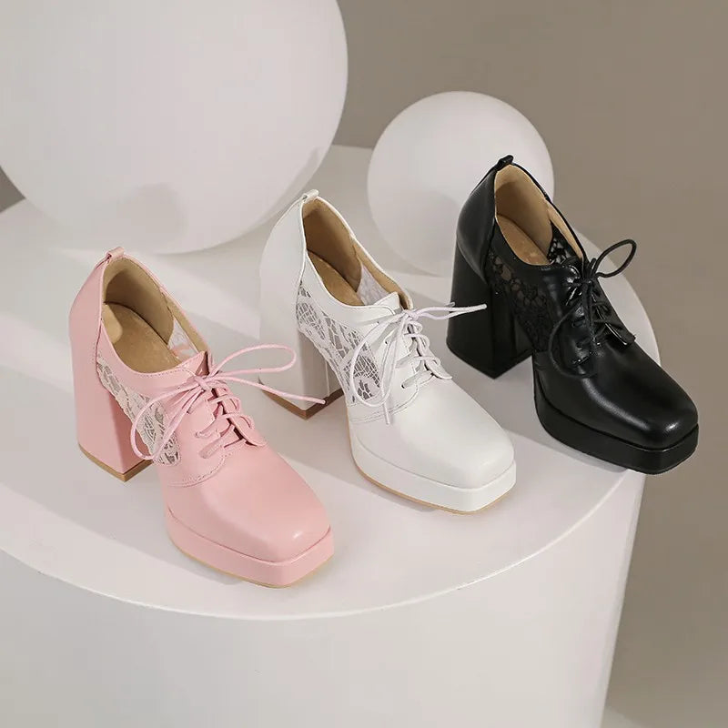 Soufree  -  Small Size 34 Sweet Black White Pink Laces Mesh Summer Women Oxford Shoes Square Toe Tied Platform Chunky High Heels Pumps 42 43