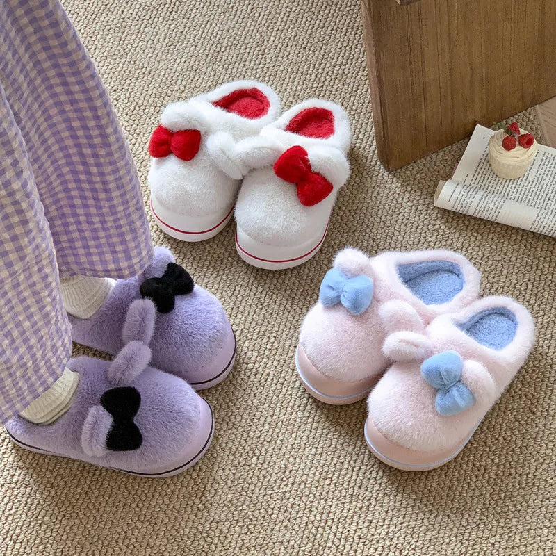 Soufree  -  Women Warm Fluffy Slippers Cute Bow Winter Home Floor Shoes Soft Plush Anti-slip Girl Indoor Cotton Slides Light Weight Footwear