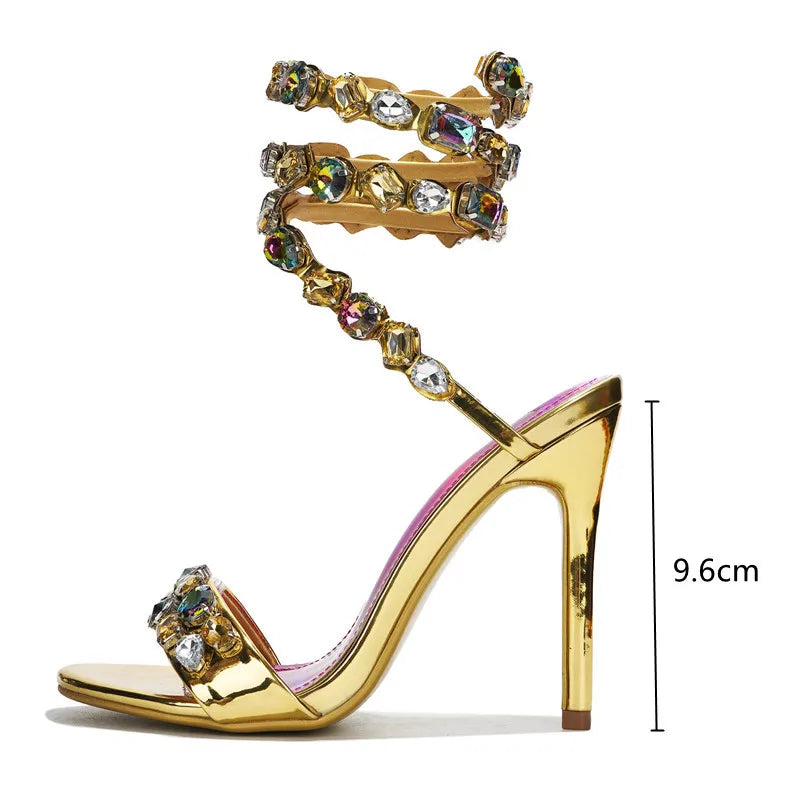 Soufree  -  Star style Luxury Crystal Embellished Wraparound Women Sandals Stiletto High heels Gladiator Sandals Summer Wedding Prom Shoes