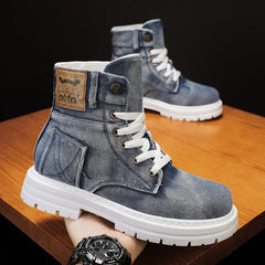 Soufree  -  Men's High Top Retro Denim Sneakers Are Fashionable Versatile, Lightweight and Outdoor Lace Up High Top Shoes  Hard-Wearing