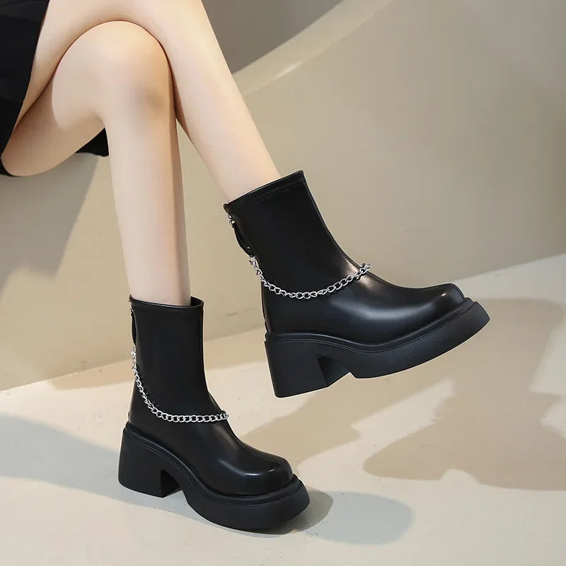 Soufree  -  Chunky Heel Chelsea Boots for Women New Luxury Short Boots Ladies Round Head Metal Chain Black Winter Platform Boots for Women