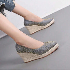 Soufree  -  New Pointed Shallow Mouth Women Wedge Heel Thick Sole Single Shoes Women Straw Woven Twine rope sole Spring Autumn Shoes