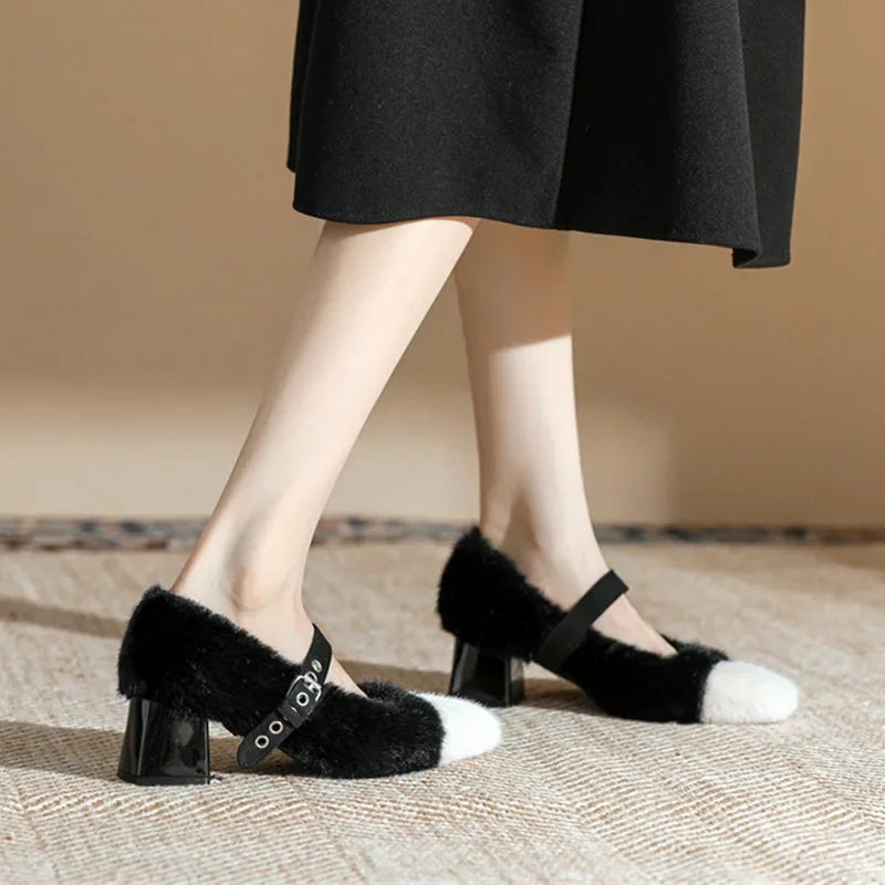 Soufree  -  Fashion Furry Mary Jane Shoes Women Winter Cute Warm High Heels Square Heel Belt Buckle Design Women Pumps Zapatos De Mujer