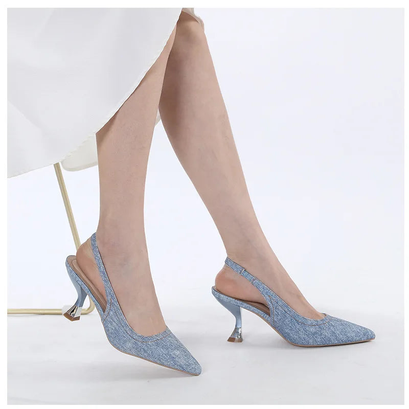 Soufree  -  Fall New Jeans High Heels Blue Pointed Pumps Brand Designer Shoes Office Elegant Women's Shoes Shallow Mule Shoes Women Heels