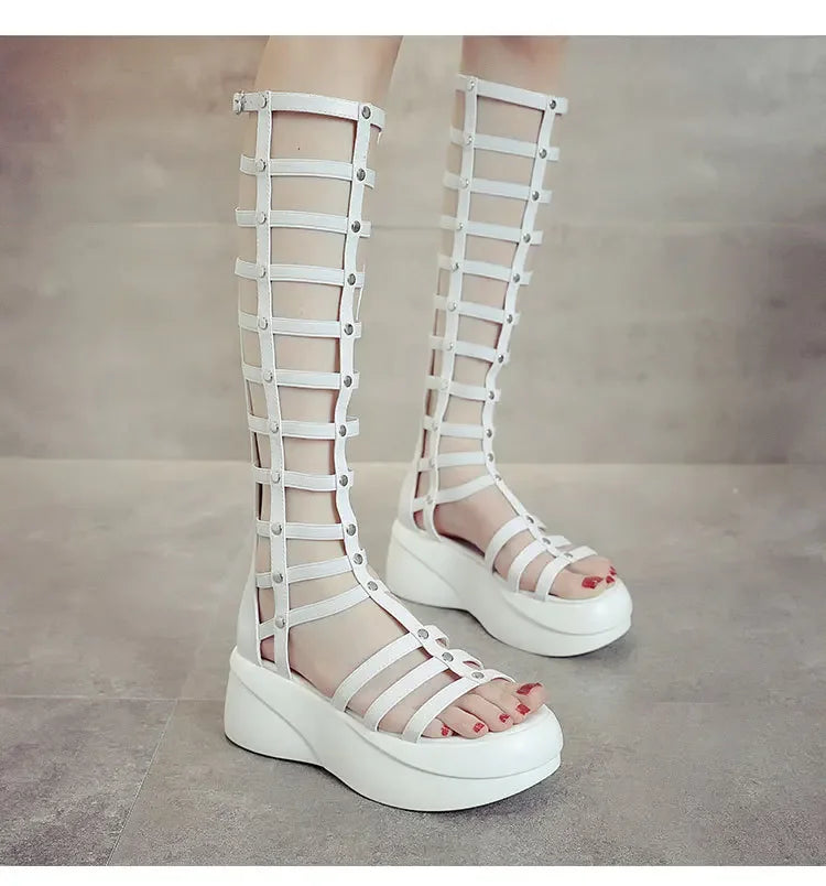 Soufree  -  Women's Summer Boots Women Shoes Fashion Cutout High Top Sandals Breathable Striped Roman Shoes Platform Boots Thigh High