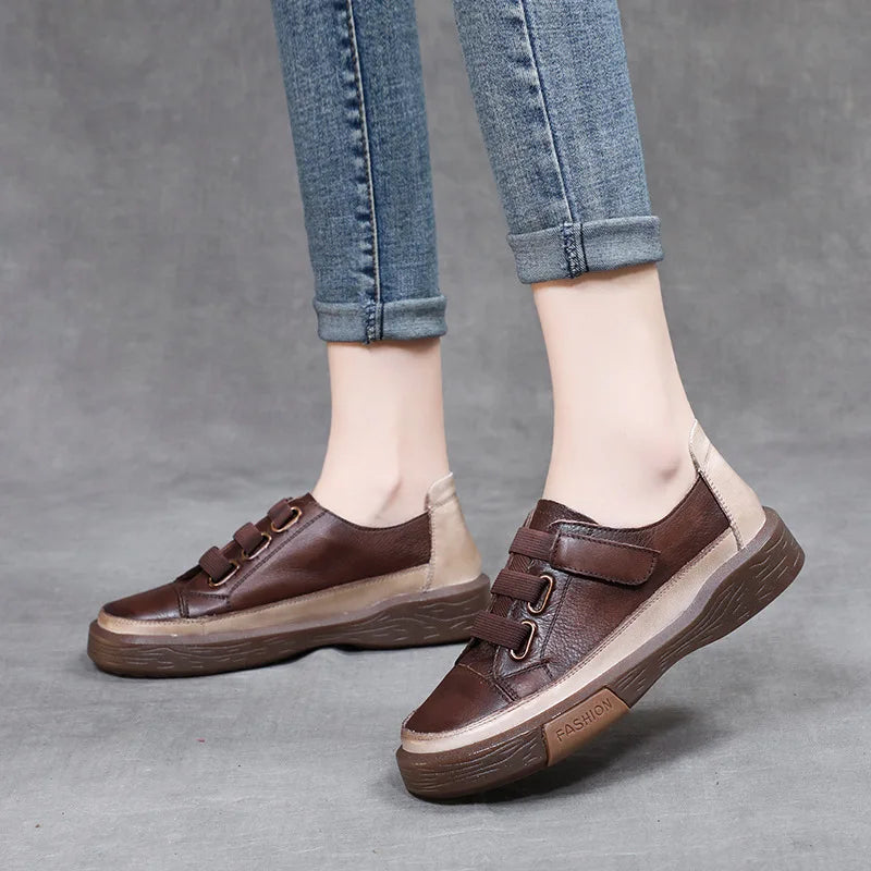 Soufree  - Cow leather sneaker sport Brown shoes women brogue derby lace up casual shoes outdoor walking footwear board shoes