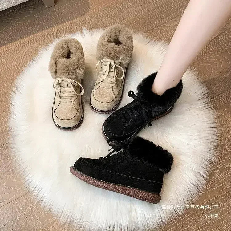 Soufree  -  Snow Boots Women Lace Up Warm Ankle Boots Ladies Winter Fur Shoes Platform Casual Comfortable Short Boots Botas De Mujer