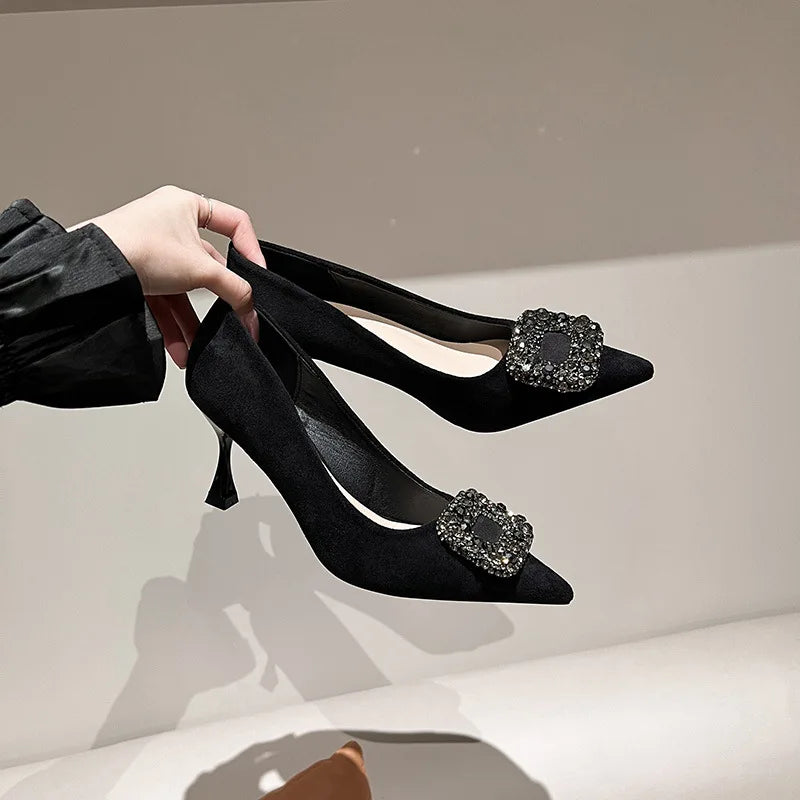 Soufree  -  Luxury Low Heeled Suede Shoes Women's Pumps Pointed High Heels Party Dress Shoes Sexy Square Crystal Elegant Office Shoes