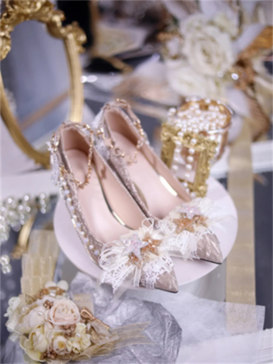 Soufree  -  Elegant Retro Lolita Court Style Cosplay Flower Wedding Girl Gorgeous Bow Pearl Gem Lace 6.5cm-8.5cm Pointed High Heel Shoes