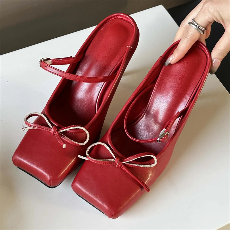 Soufree  -  Designer Bowknot Buckle Strap Pumps Women Sexy Square head Thin Heels Wedding Banquet Dress Mule Ladies Shoes