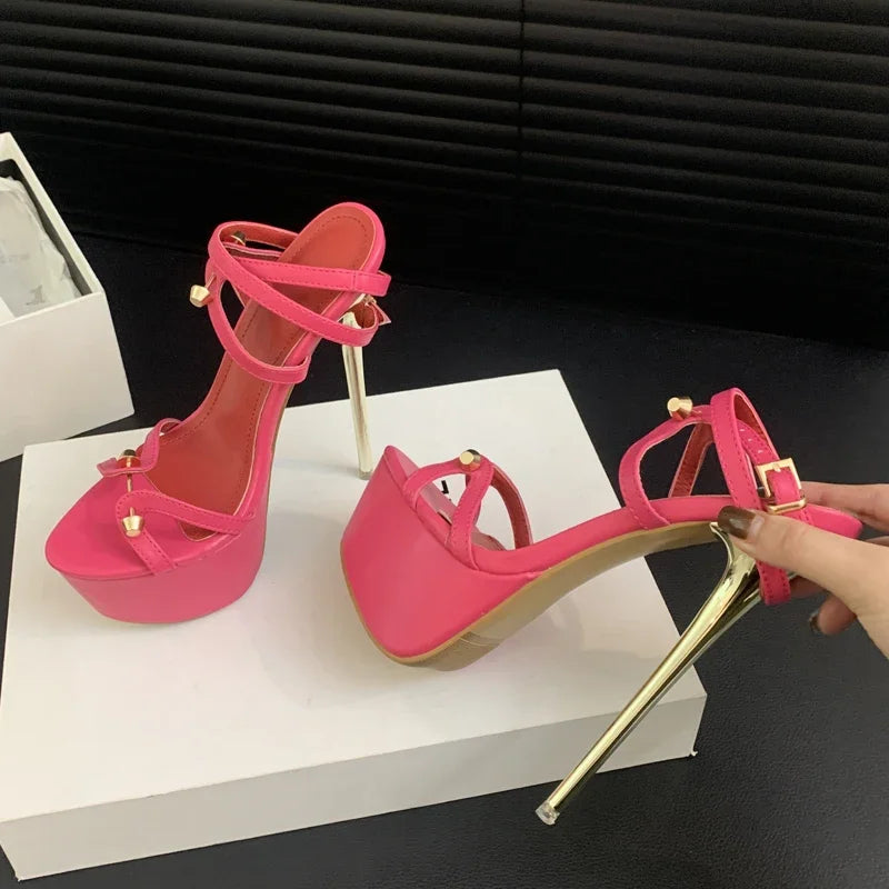 Soufree  -  Platform Rivet Women Sandals Sexy Extreme Narrow Band Thin Heels Fashion Peep Toe Summer Wedding Shoes Zapatos De Mujer