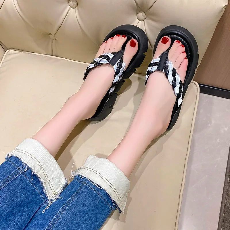 Soufree  -  Leisure Slippers Woman Slides Flip Flops Casual Flat High Heels Women Shoes Pleated Summer Slippers Plus Size Zapatillas Mujer