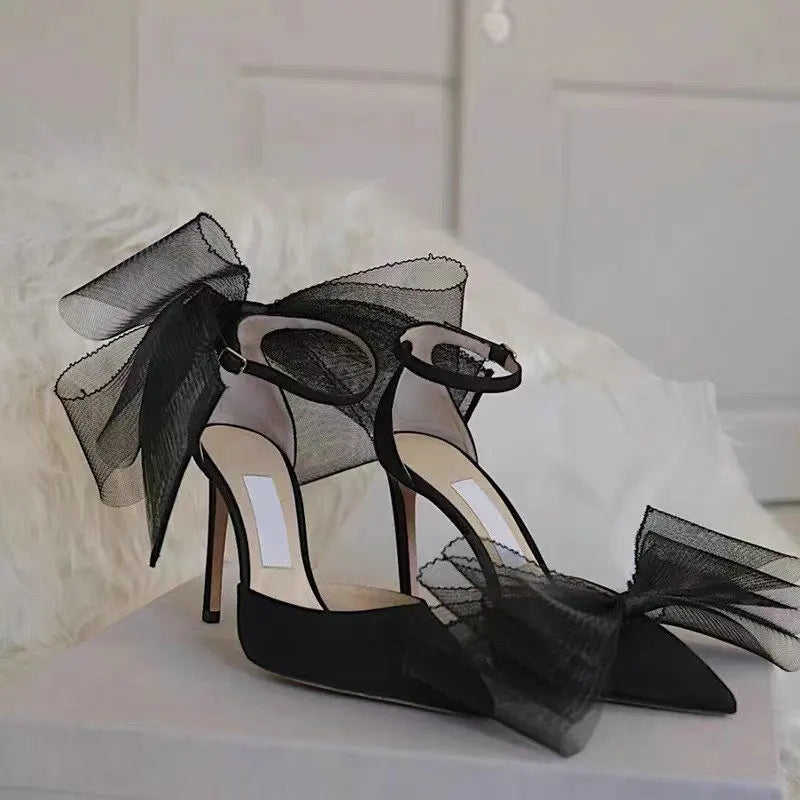 Soufree  -  Lace Bow High Heels New Sexy Line With Pointed Thin Head Pumps Girl Baotou European Sandals Women