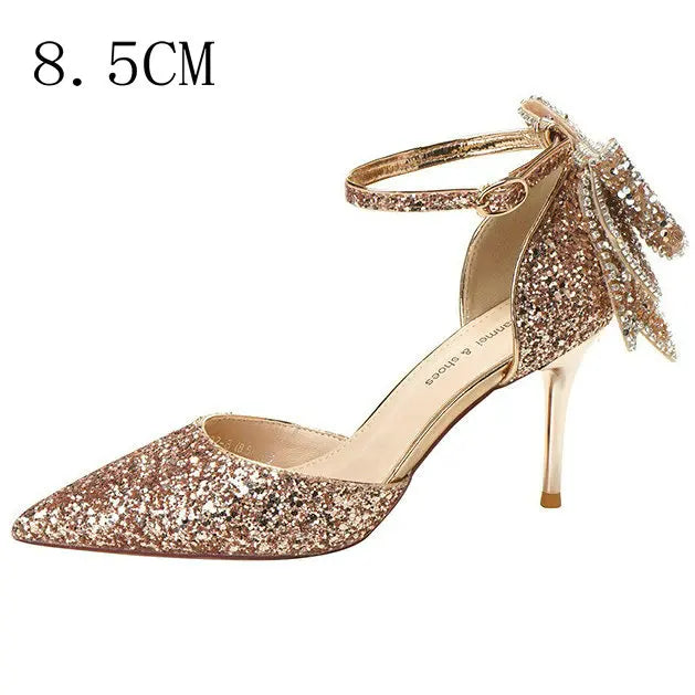 Soufree  - 8.5cm Wedding High Heels Bling Sequined Stiletto Heel Work Pumps Back Bowknot Pointed Toe Party Women's Shoes