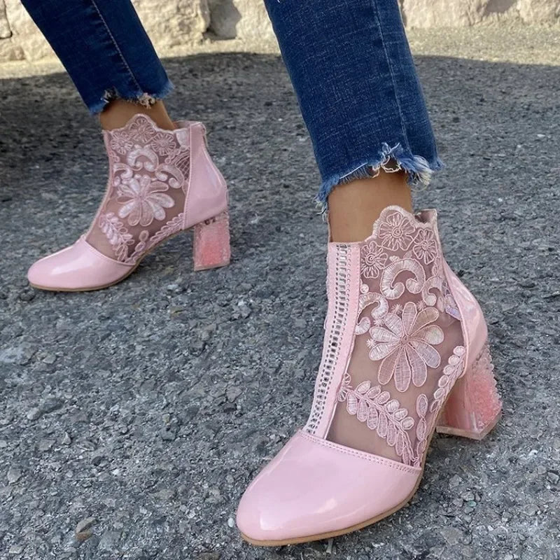 Soufree  -  Ethnic Style Women Retro Lace High Heels Ankle Boots Autumn Embroider Pointed Toe Platform Short Boot Thick Heeled Pumps Zapatos