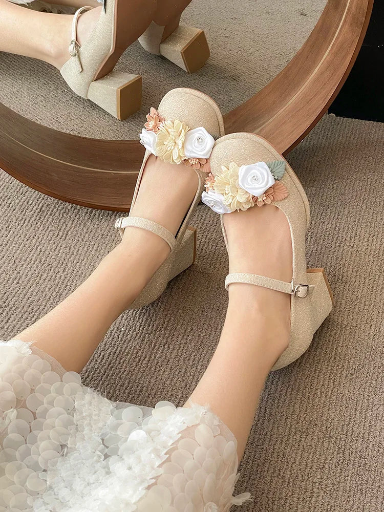 Soufree  -  Slip On Beige High Heels Comfortable High-Heeled Shoes Round Toe Mary Jane Sexy Pump Chunky Sandals Footwear Sweet Lace-Up