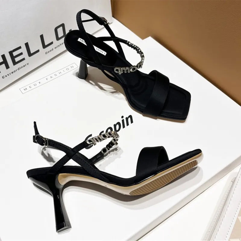 Soufree  -  Sexy Square Toe Thin Heeled Sandals Women Summer Fashion Rhinestone Letter Design Pumps Women Cross Strap Black High Heels