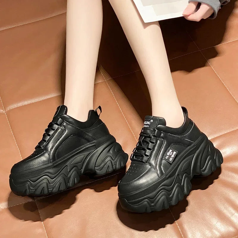 Soufree  -  Leather White Black Chunky Sneakers Women Light Spring Autumn Thick Bottom Casual Tennis Fashion PU Platform Sneakers Ladies