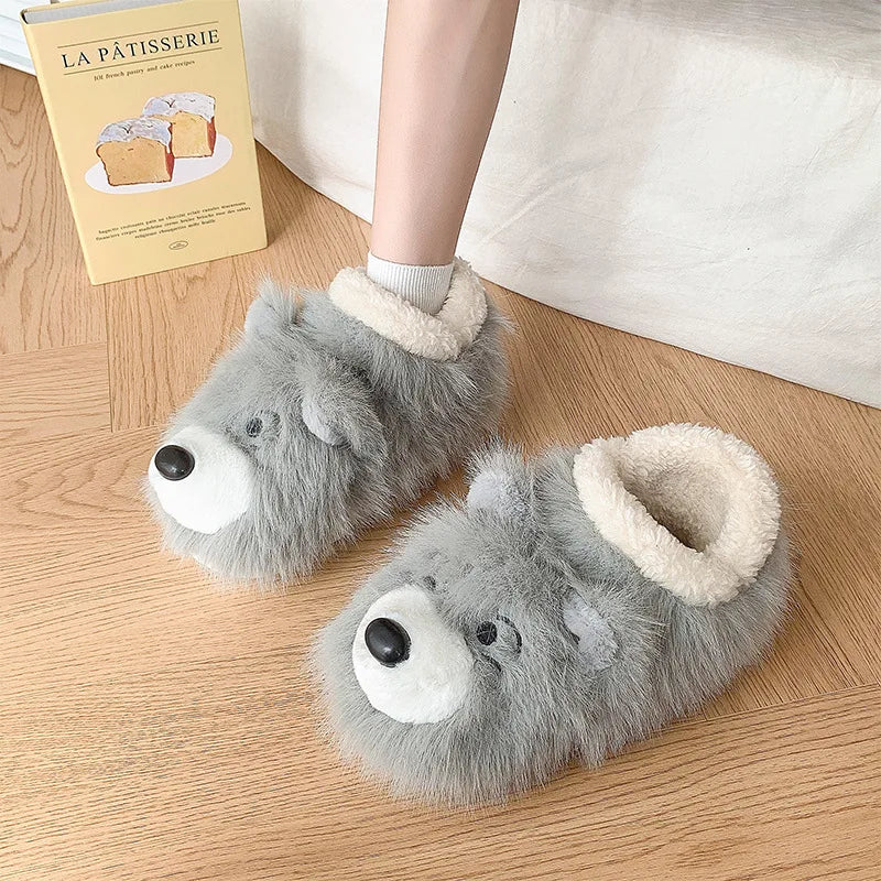 Soufree  -  Cute Cartoon Dog Fluffy Shoes For Women Men Winter Home Floor Slippers Anti-slip Light Weight Couples Indoor Warm Footwear